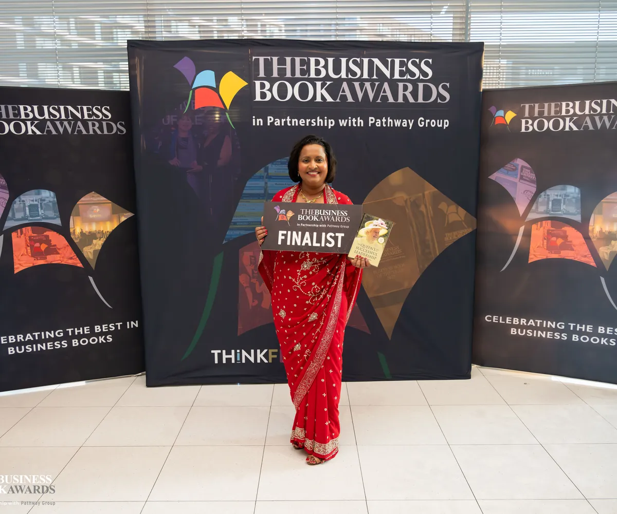 Dr. Maheshika Halbeisen at The Business Book Awards 2024 holding a finalist sign