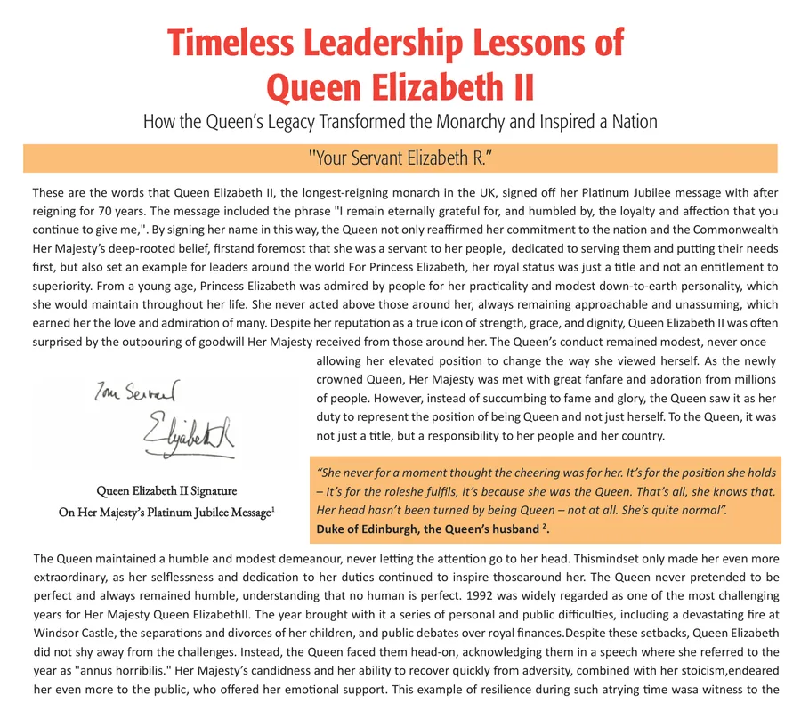 Opening page of Timeless Leadership Lessons of Queen Elizabeth II by Dr. Maheshika Halbeisen in Probe magazine, June 2023